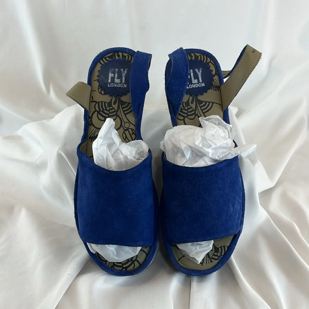 Fly London Royal Blue Suede Sandals w/ Long-Length Strap - Picture 2 of 8
